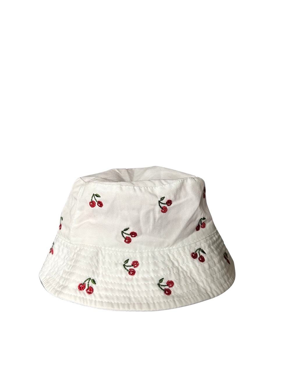 White Cherry-Embroidered Bucket Hat